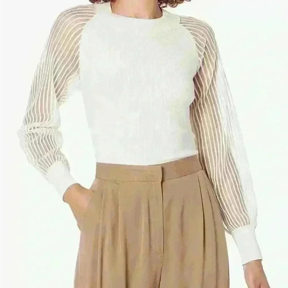 Club Monaco Women's Sheer Striped Lantern Sleeve Ribbed White Sweater, S - Picture 1 of 12